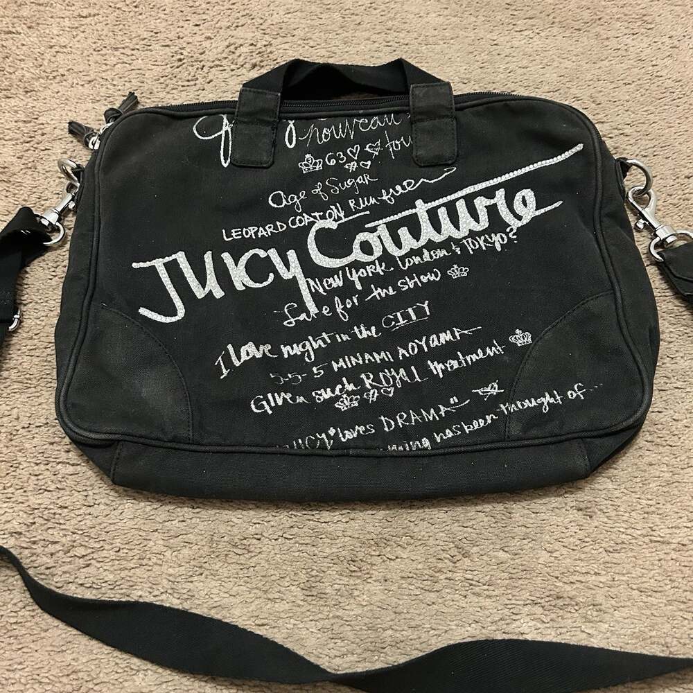 Y2K Juicy Couture Graffiti Canvas Laptop Bag Glitter Charcoal Black Silver